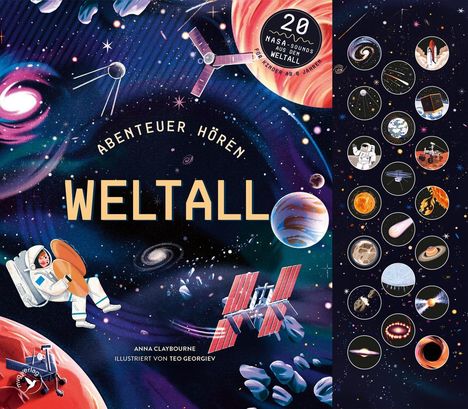 "Abenteuer hören: Weltall" in großen Buchstaben. Bunte Weltraum-Szene mit Astronauten, Planeten und Raumschiffen.