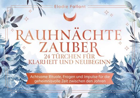 "Rauhnächte Zauber: 24 Türchen für Klarheit und Neubeginn." Illustration: winterliche Landschaft mit Blättern und Bäumen.