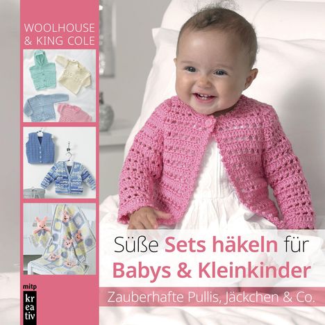 „Süße Häkelsets für Babys & Kleinkinder.“ Ein lachendes Baby in rosa Häkeljacke, links bunt gehäkelte Kleidung.