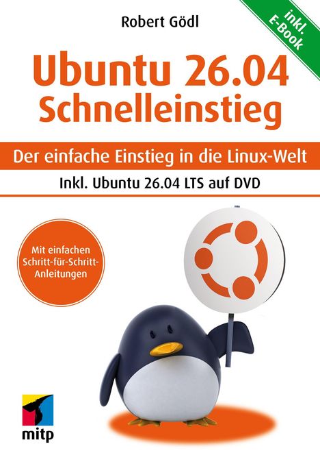 Titel: "Ubuntu 26.04 Schnelleinstieg". Ein Pinguin hält ein Schild mit Ubuntu Logo. Links unten ist ein buntes Logo mit "mitp".