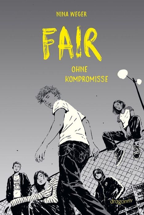 Titel: FAIR OHNE KOMPROMISSE. Illustration: Jugendliche in Freizeitkleidung vor einem Zaun bei schummriger Beleuchtung.