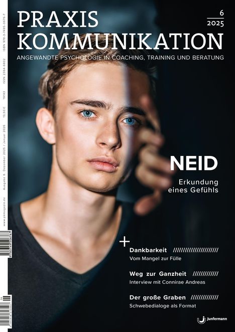 Titel: PRAXIS KOMMUNIKATION. Hauptthema: Neid. Ein Gesicht dominiert das Bild.