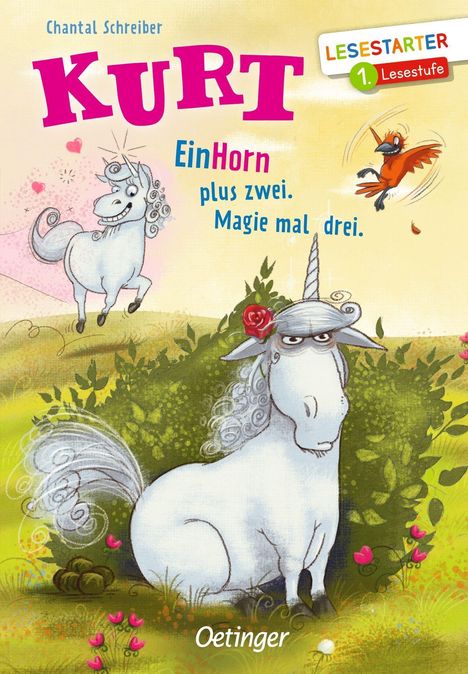 Buchtitel: "KURT". Einhorn, Vogel, Einhorn mit Rose auf Wiese. "LESESTARTER", "EinHorn plus zwei." "Magie mal drei."