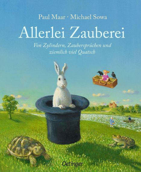 „Allerlei Zauberei“: Ein weißer Hase schaut aus einem Zylinderhut in einer idyllischen Landschaft mit Teich, Schildkröte und Frosch.