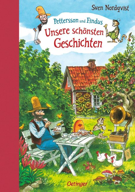 Pettersson und Findus: Unsere schönsten Geschichten. 
Ein alter Mann und eine Katze im Garten essen Kuchen.