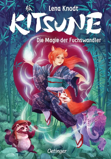 "KITSUNE: Die Magie der Fuchswandler" von Lena Knodt. Illustration: Mädchen mit Fuchsohren im Kimono im Wald.