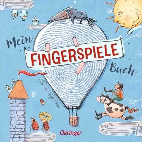 „Fingerspiele“ steht auf einem heißen Luftballon. Illustration mit Sonne, Tiere, Kind auf Kuh und einem Turm.