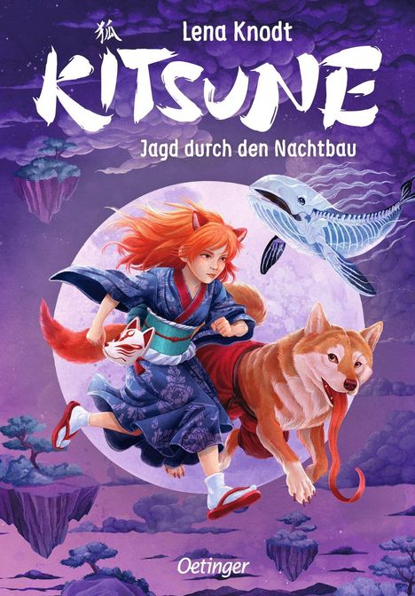 „Kitsune: Jagd durch den Nachtbau“, Lena Knodt. Illustration eines Mädchens mit Fuchsmerkmalen, einem Hund und einem geisterhaften Wal.