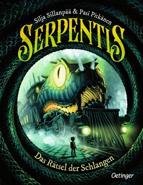 „Silja Sillanpää & Pasi Pitkänen. SERPENTIS. Das Rätsel der Schlangen. Oetinger.“ Illustration einer Dampflok mit Schlangenkopf.