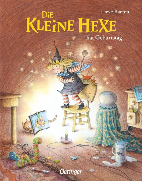 "Die kleine Hexe hat Geburtstag" von Lieve Baeten. Eine fröhliche Hexe mit spitzem Hut tanzt auf einem Hocker.