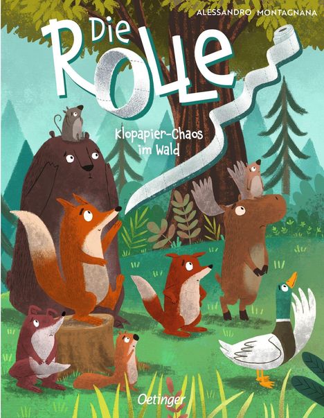 Text: "Die Rolle: Klopapier-Chaos im Wald." Illustration mit Tieren im Wald, ein großes Klopapier rollt durch die Szene.