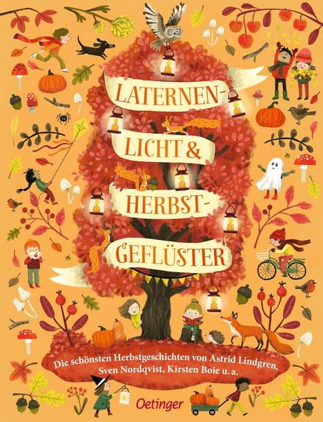 "Laternenlicht & Herbstgeflüster" steht auf einem Band über einem Baum mit roten Blättern, umgeben von herbstlichen Szenen.