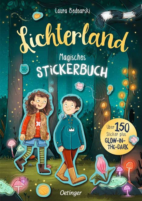 „Lichterland – Magisches Stickerbuch“, „Über 150 Sticker plus Glow-in-the-dark“. Zwei fröhliche Kinder im Wald.