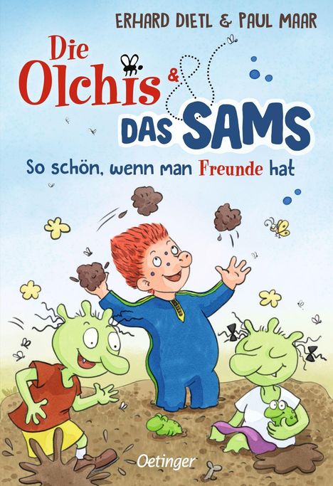 "Die Olchis & Das Sams: So schön, wenn man Freunde hat." Kinder in einer fröhlichen Matschszene mit kleinen Monstern.