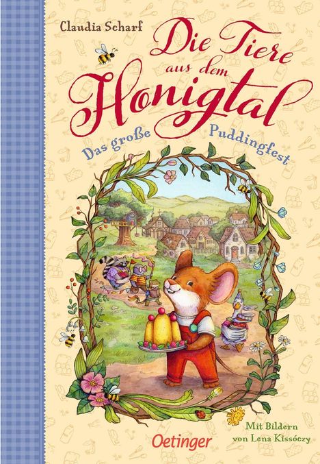 Buchcover: "Die Tiere aus dem Honigtal – Das große Puddingfest" von Claudia Scharf. Illustration mit fröhlicher Maus.