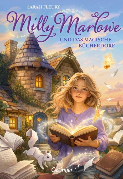 „Milly Marlowe und das magische Bücherdorf“ von Sarah Fleury. Eine Illustration mit einem Mädchen und einem Buch.