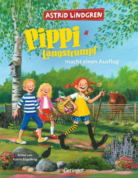"Pippi Langstrumpf macht einen Ausflug". Drei fröhliche Kinder, Pippi trägt einen gelben Kittel, mit Affe und Korb, ein Kuh im Hintergrund.