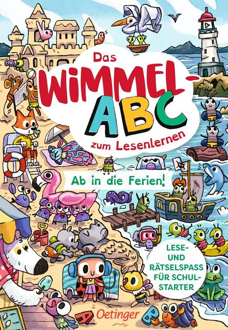 Texte: "Das Wimmel-ABC zum Lesenlernen", "Ab in die Ferien!", "Lese- und Rätselspaß für Schulstarter". Bunte Strandillustration.