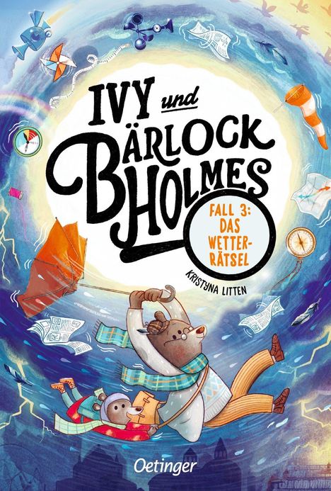 "Ivy und Bärlock Holmes: Fall 3: Das Wetterrätsel." Zwei Bären schwebend in einem Wirbelsturm mit Regenschirm.