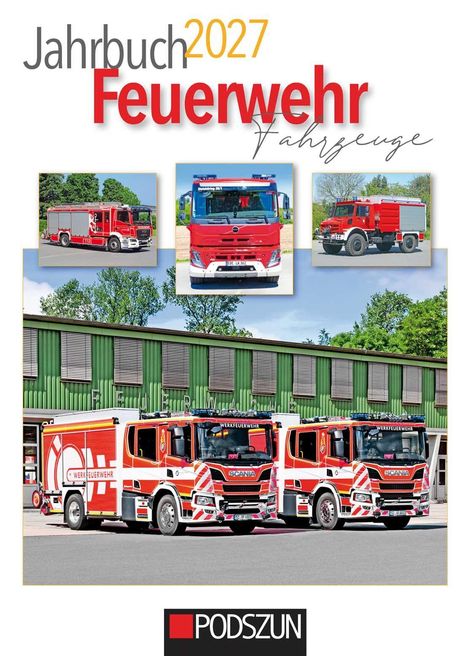 "Jahrbuch 2027 Feuerwehr Fahrzeuge" oben, "PODSZUN" unten. Bilder zeigen verschiedene Feuerwehrfahrzeuge.