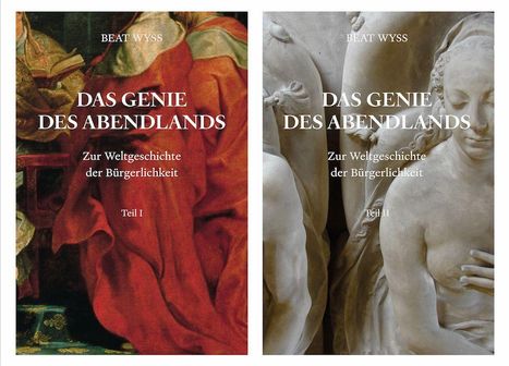 Zwei Buchcover mit Gemälde und Skulpturen; Titel: "Das Genie des Abendlands", Teile I und II von Beat Wyss.