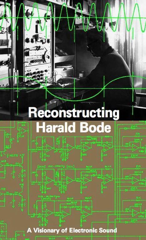 "Reconstructing Harald Bode. A Visionary of Electronic Sound." Oben ein Mann an elektronischen Geräten, darunter Stromkreisschemata.