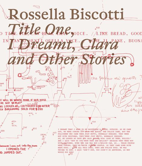 Auf hellbeigem Hintergrund steht in braun und rot: "Rossella Biscotti", "Title One", "I Dreamt, Clara and Other Stories". Darunter sind rote, technische Zeichnungen und Notizen zu sehen.