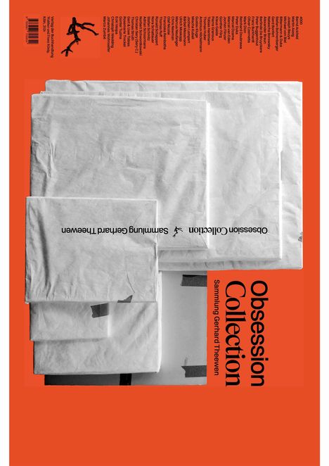 „Obsession Collection: Sammlung Gerhard Theewen“, rote Hintergrundfarbe, graue eingewickelte Pakete.