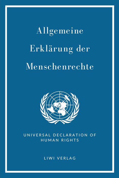 "Allgemeine Erklärung der Menschenrechte", darunter UN-Logo, blaues Cover mit weißem Rahmen und Text.