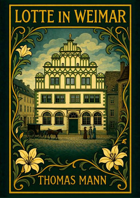 "Lotte in Weimar", Thomas Mann. Historisches Gebäude umrahmt von floralen Mustern, Pferdekutsche und Menschen im Gespräch.