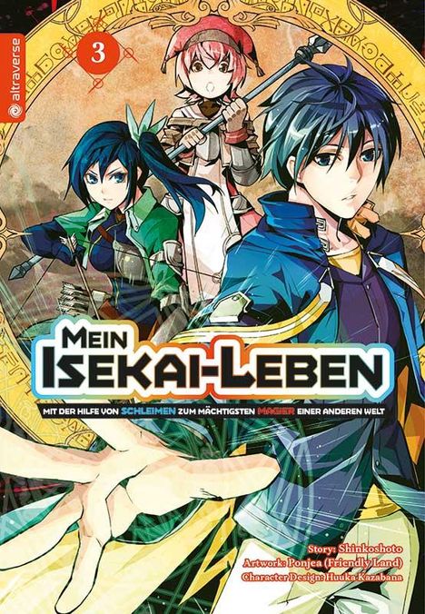 „Mein Isekai-Leben“, drei Figuren in Fantasy-Kleidung, vorn ein blau gekleideter Charakter mit ausgestreckter Hand.
