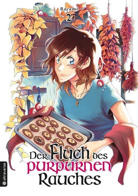 „Der Fluch des purpurnen Rauches“ steht unten; Junge mit braunem Haar hält ein Blech Kekse, umgeben von herbstlichen Blättern.