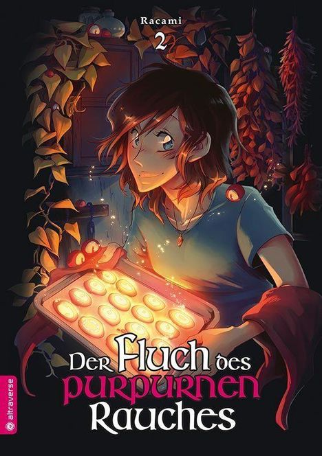 "Racami 2. Der Fluch des purpurnen Rauches." Junge mit Blech Gebäck in mystischer Umgebung mit Pflanzen.