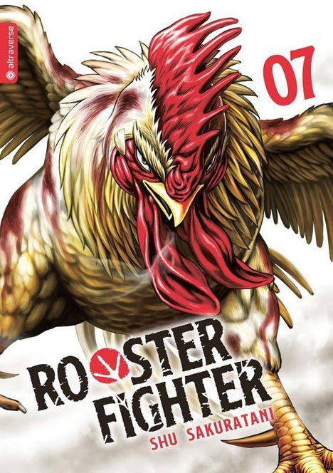 "ROOSTER FIGHTER 07, Shu Sakuratani." Illustration eines kämpfenden, dynamischen Hahns mit rotem Kamm und entschlossenem Blick.