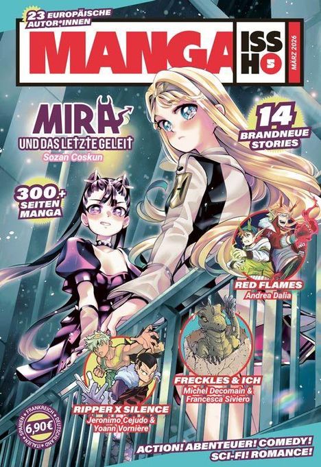 Text: "MIRA UND DAS LETZTE GELEIT", "300+ SEITEN MANGA", "14 BRANDNEUE STORIES". Manga-Cover mit zwei Anime-Charakteren.