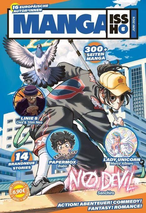 Titel: "MANGA ISSH 6", Juni 2026. Elemente: Skateboarder, Taube, farbenfrohe Mangafiguren, Stadthintergrund.