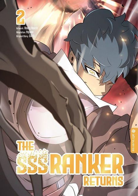 "THE SSS RANKER RETURNS", "2", Artwork: Roquu House. Illustration eines kampfbereiten Mannes mit blauem Haar und dynamischer Pose.