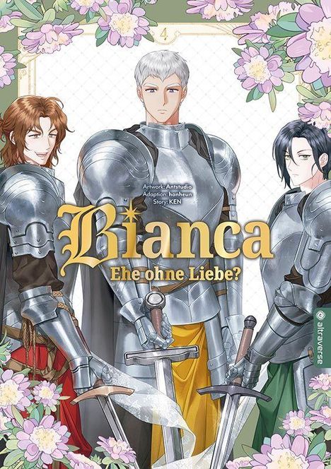„Bianca: Ehe ohne Liebe?“ Drei gerüstete Personen, umgeben von Blumenornamenten.