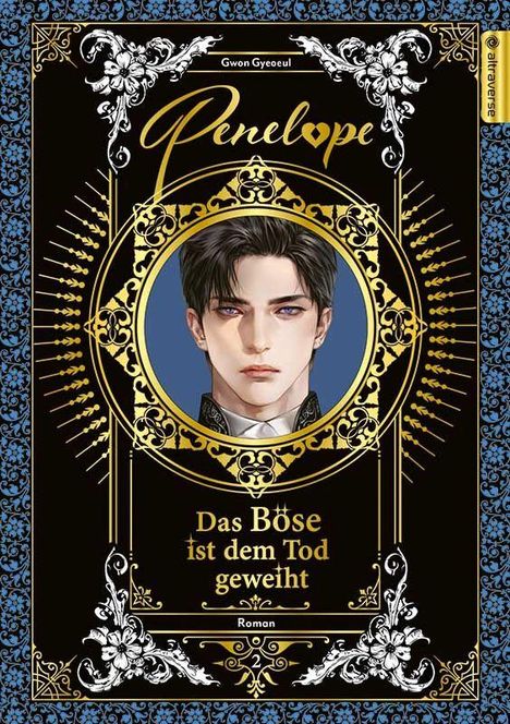 Text: "Penelope. Das Böse ist dem Tod geweiht. Roman." Illustration: Ein Mann mit ernstem Blick vor dekorativem Rahmen.