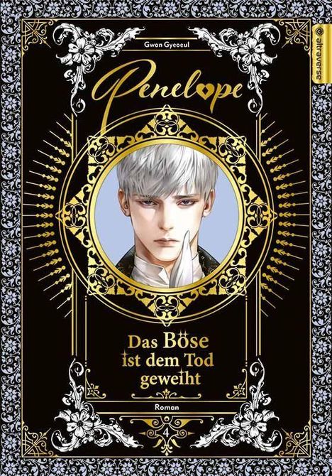 „Penelope“, „Das Böse ist dem Tod geweiht“. Ein junger Mann mit silbernem Haar, verziert mit floralen Mustern.