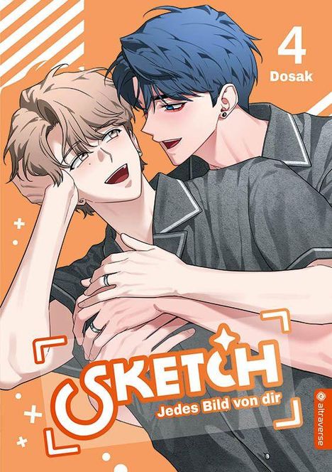 „SKETCH: Jedes Bild von dir“ und „4 Dosak“. Zwei lächelnde Personen umarmen sich liebevoll. Illustration.