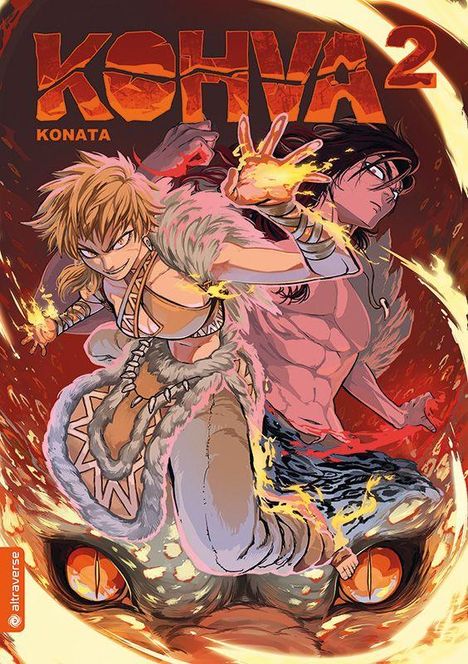 Text: "KOHVA 2 KONATA". Zwei kämpfende Figuren mit Feuer und dynamischen Posen, in leuchtenden Farben gestaltet.