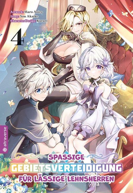 "SPASSIGE GEBIETSVERTEIDIGUNG FÜR LÄSSIGE LEHNSHERREN 4" zeigt drei stilisierte Anime-Charaktere auf einem Thron.