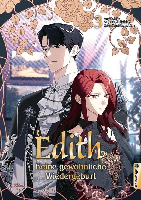 "Edith: Keine gewöhnliche Wiedergeburt" steht im Vordergrund. Illustration von zwei Personen, eleganter Stil, Ranken im Hintergrund.