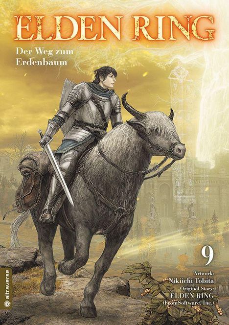 "Elden Ring: Der Weg zum Erdenbaum". Ein Ritter reitet auf einem großen Tier vor einer mystischen, goldenen Landschaft.