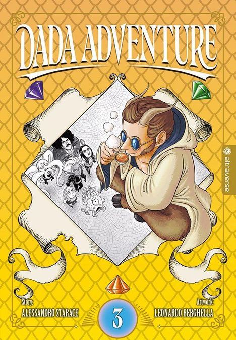 „Dada Adventure“, eine farbenfrohe Illustration mit einer Figur, die durch eine Lupe schaut.