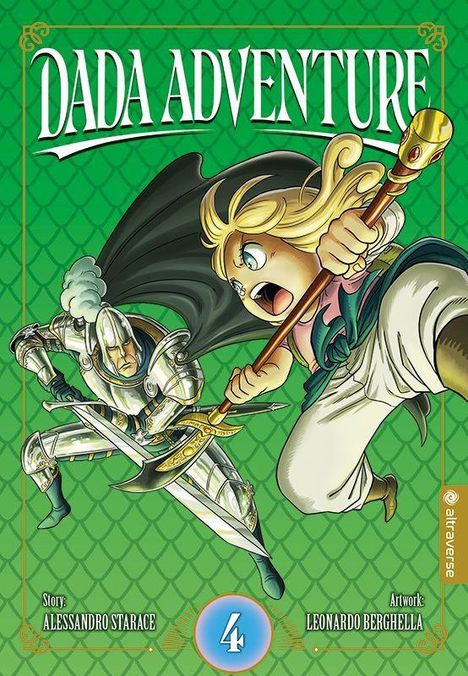 "DADA ADVENTURE" steht oben. Zwei Figuren kämpfen: ein Ritter in Rüstung und ein blondes Kind mit Stock vor grünem Hintergrund.