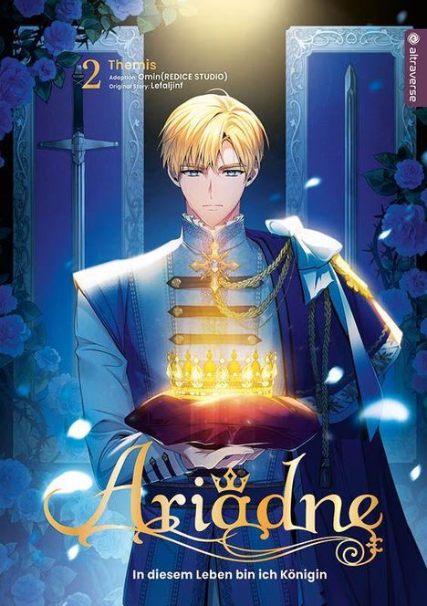 Text: „Themis“, „Ariadne“, „In diesem Leben bin ich Königin“. Illustration: Ein Mann hält eine Krone auf einem Kissen.