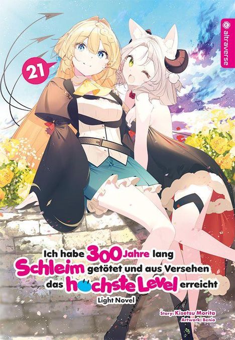 Text: "Ich habe 300 Jahre lang Schleim getötet und aus Versehen das höchste Level erreicht." Illustration mit zwei Anime-Figuren.