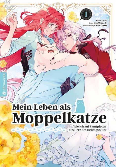 „Mein Leben als Moppelkatze“ steht in großen Buchstaben. Eine rote Figur hält eine Katze vor einem eleganten Mann.